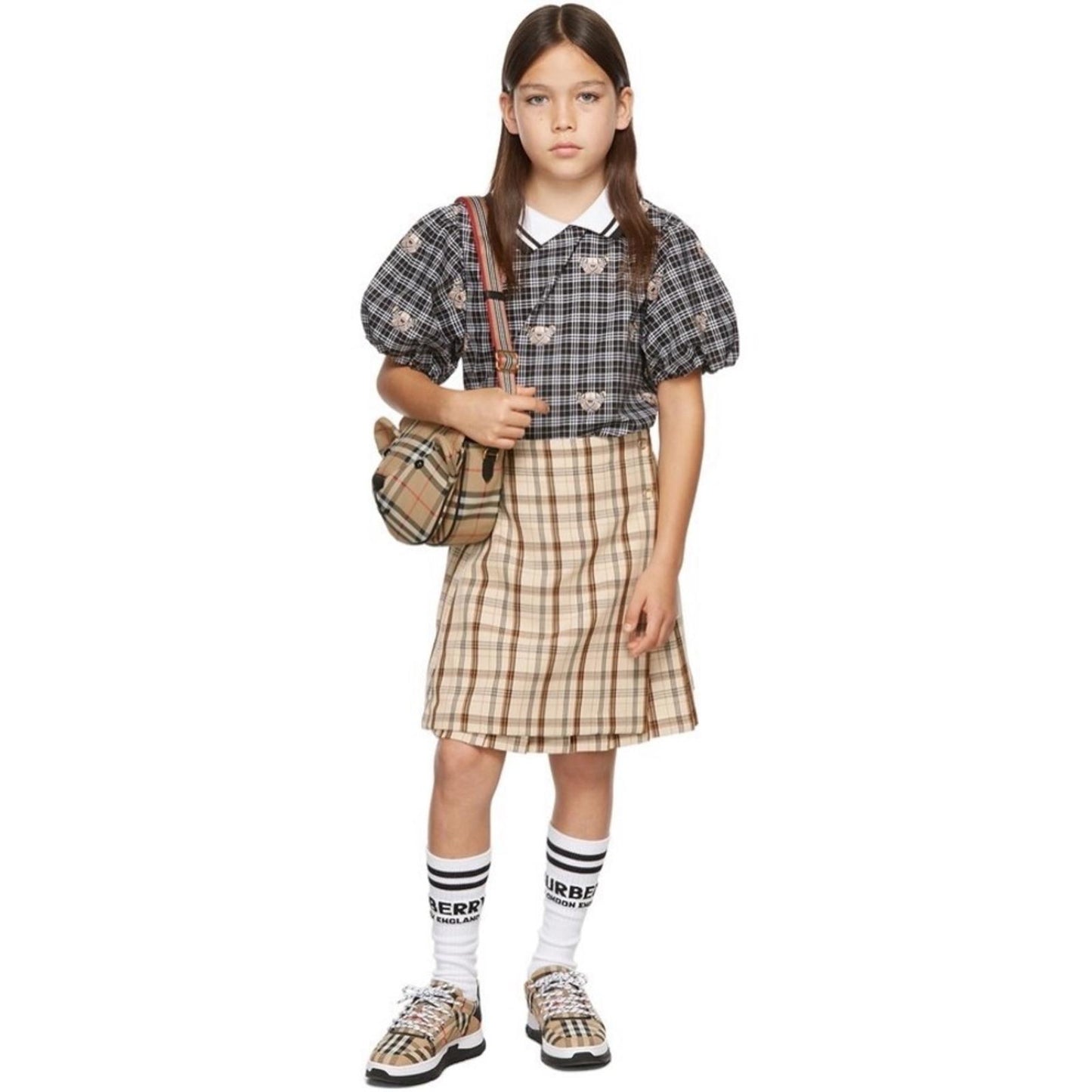 Burberry Kids Beige Check Logo Print Lianne Pleated Skirt, Size 4Y New w/Tag