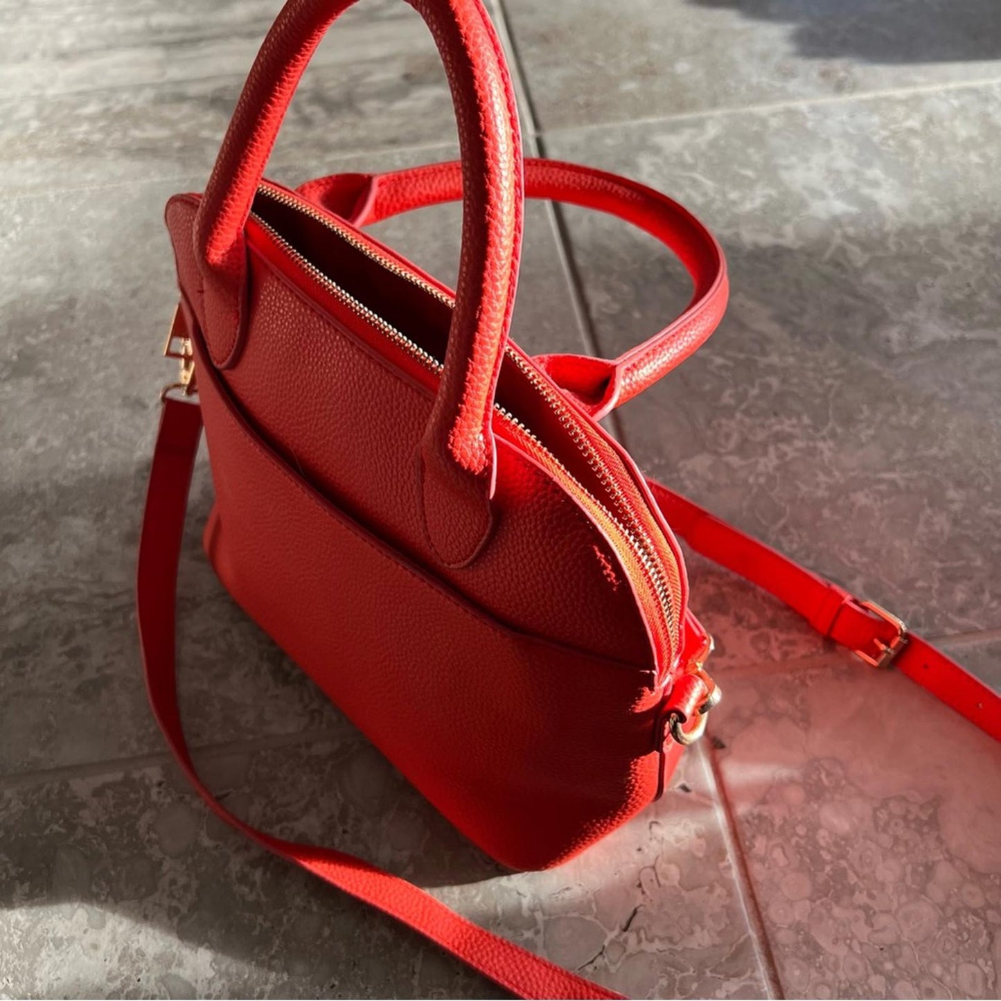 bebe Fabiola Dome Logo Satchel Crossbody Handbag, Ruby Red Orange Excellent