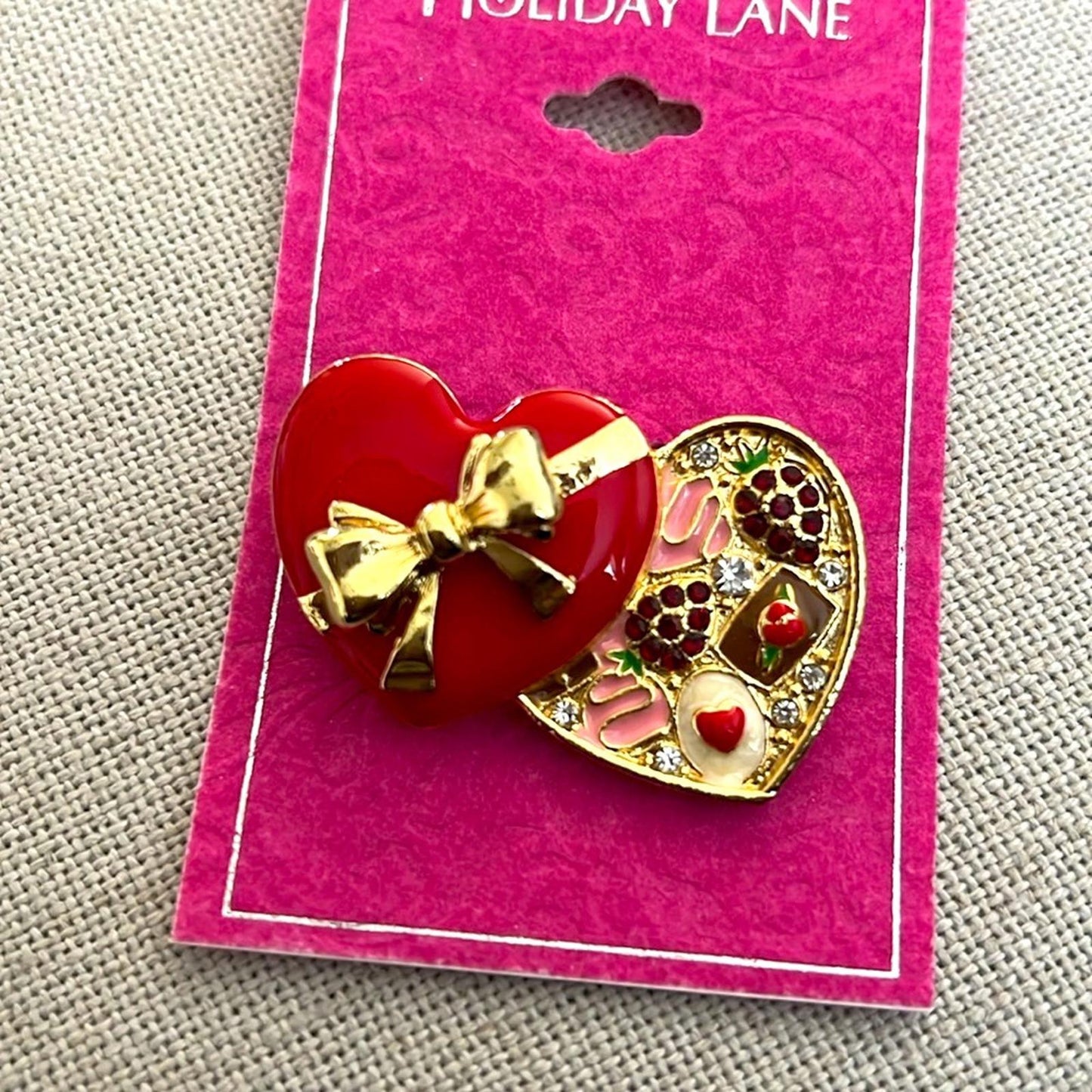 Holiday Lane Delicious Gold-Tone Pave Chocolate Heart Box Pin Brooch, NWT $24.50
