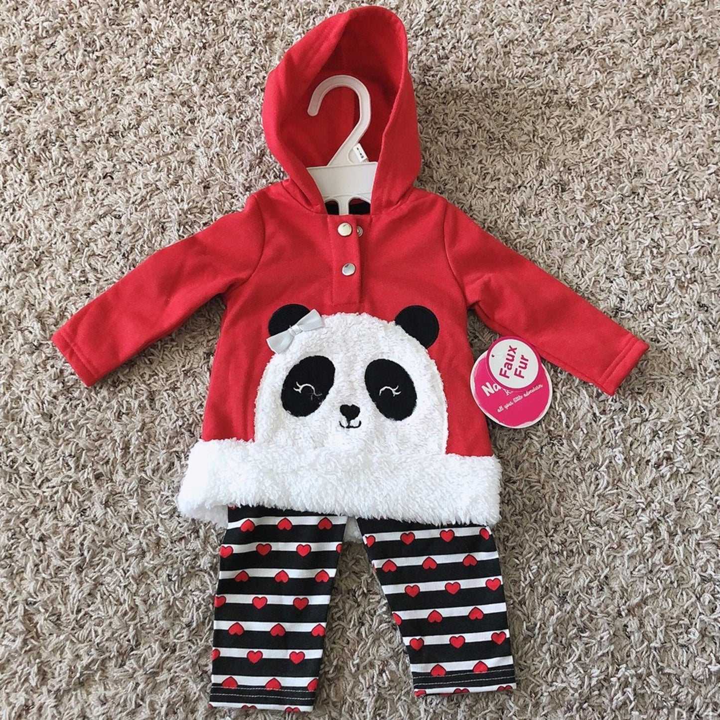 Nannette Kids 2-pc Red Panda Bear Faux Fur Matching Hoodie & Pants, 6-9Mos NWT