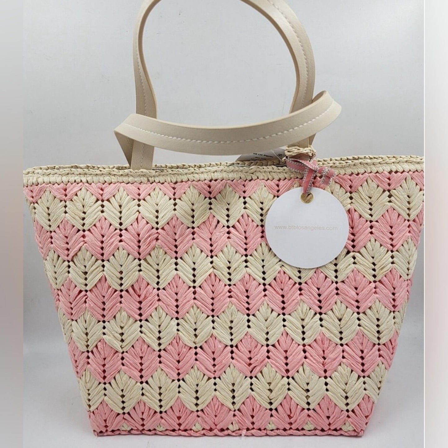BTB Los Angeles Bria Straw Tote, Natural Rose O/S New w/Tag Retail $199