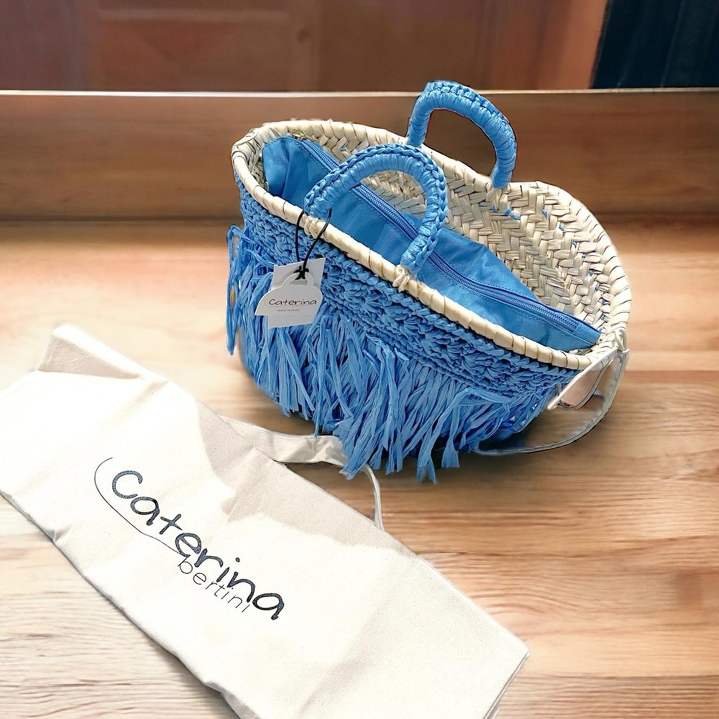 Caterina Bertini Fringe Mini Tote + Large Tote, Blue (Made in Italy) New w/Tag