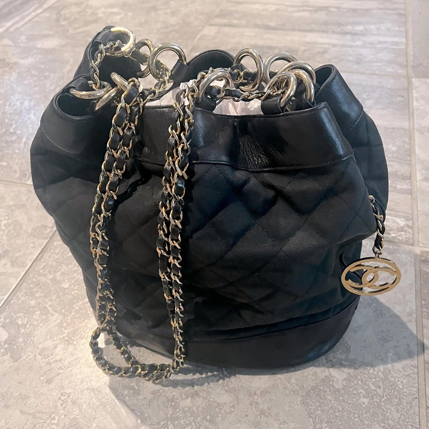 CHANEL Black Canvas CC Chain Bucket Bag (Made in Italy) *RARE Piece!