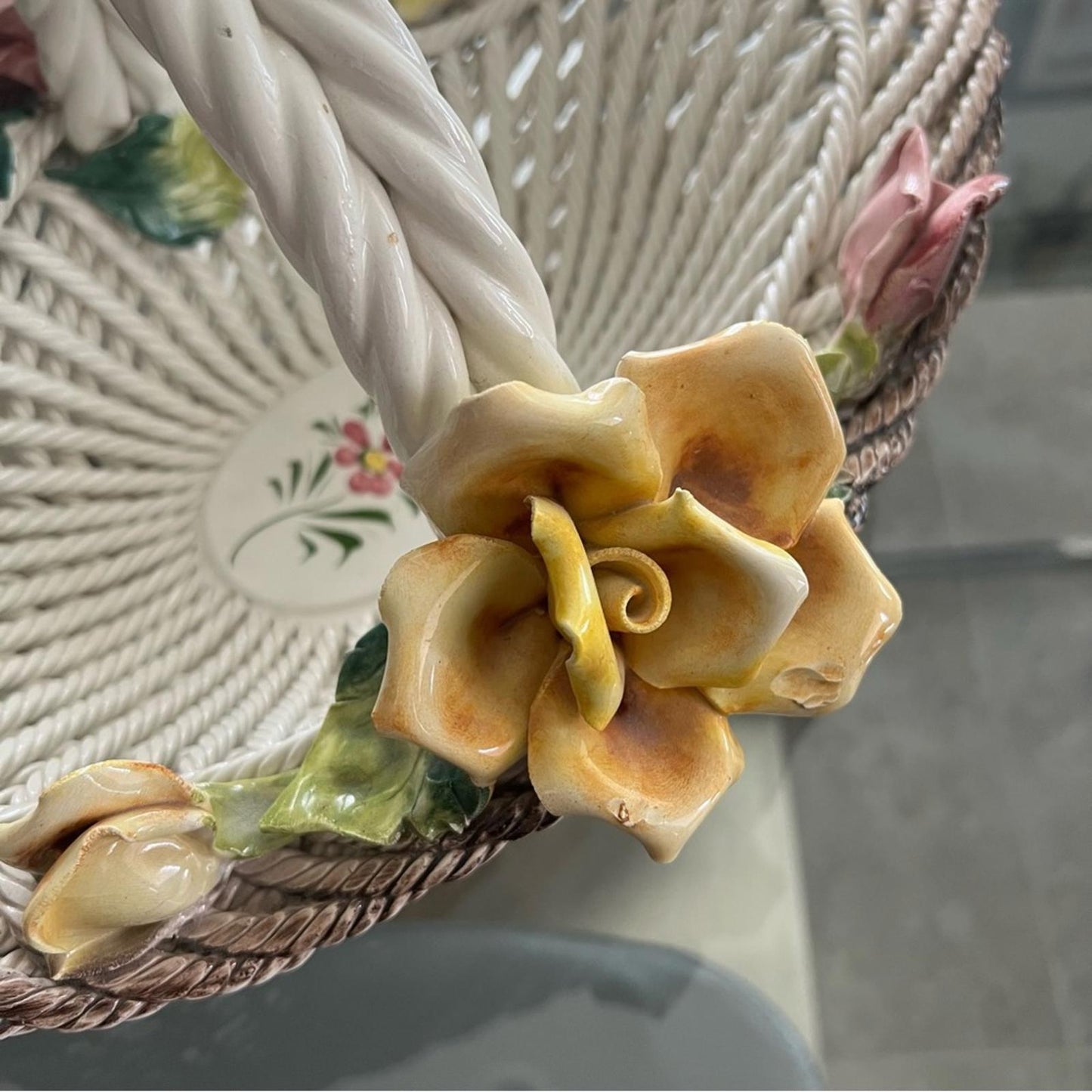 Capodimonte Large Woven Porcelain Floral Basket Classic Style, *RARE*