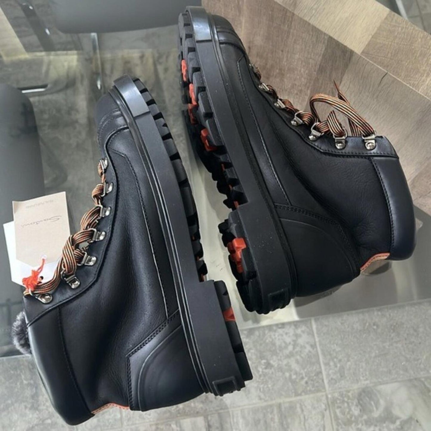 Santoni Farah Leather Genuine Shearling Lined Black Boots, Size 10.5 NEW in Box