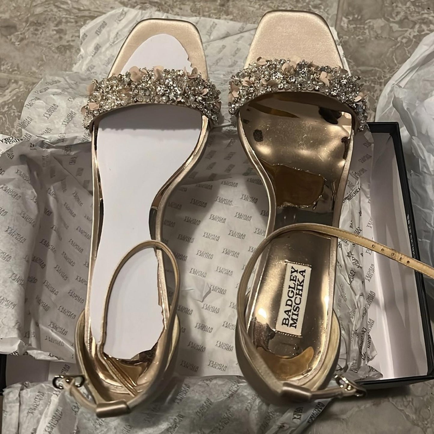 Badgley Mischka Teela Embellished Block Heel Sandals, Pearl Nude, Size 11 NWT