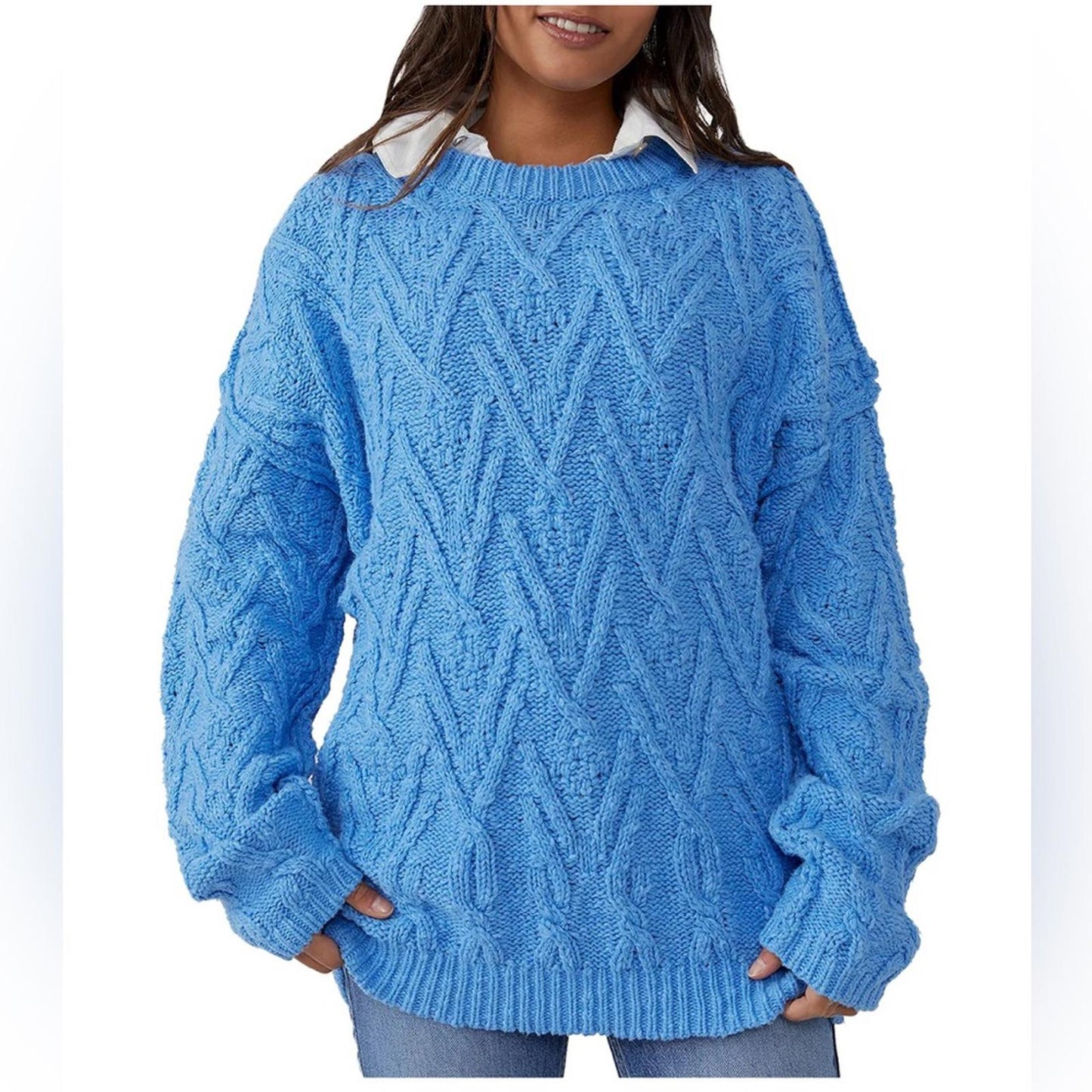 NEW Free People Isla Cable Knit Oversized Sweater, Marine Blue Size L