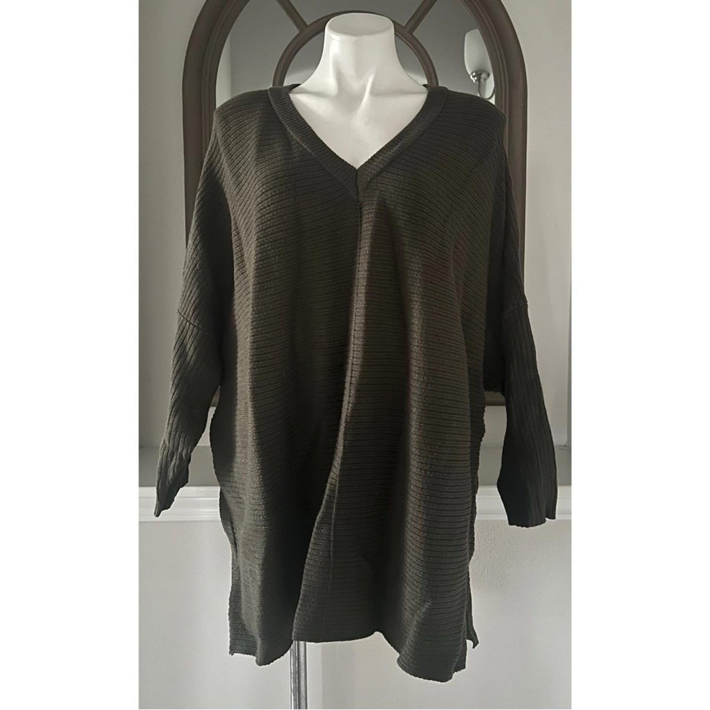Adrianna Papell Ottoman Ribbed Tunic Sweater in Heather Olive Size 1X New w/Tag