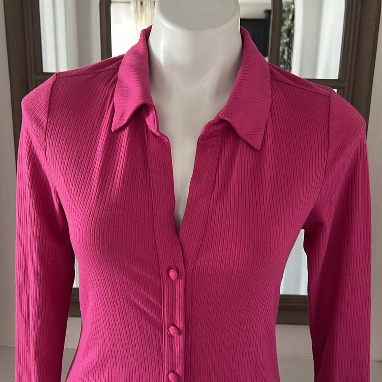 AFRM Ribbed Knit Collared Long Sleeve Button Front Shirt-Dress Berry, Size M NWT