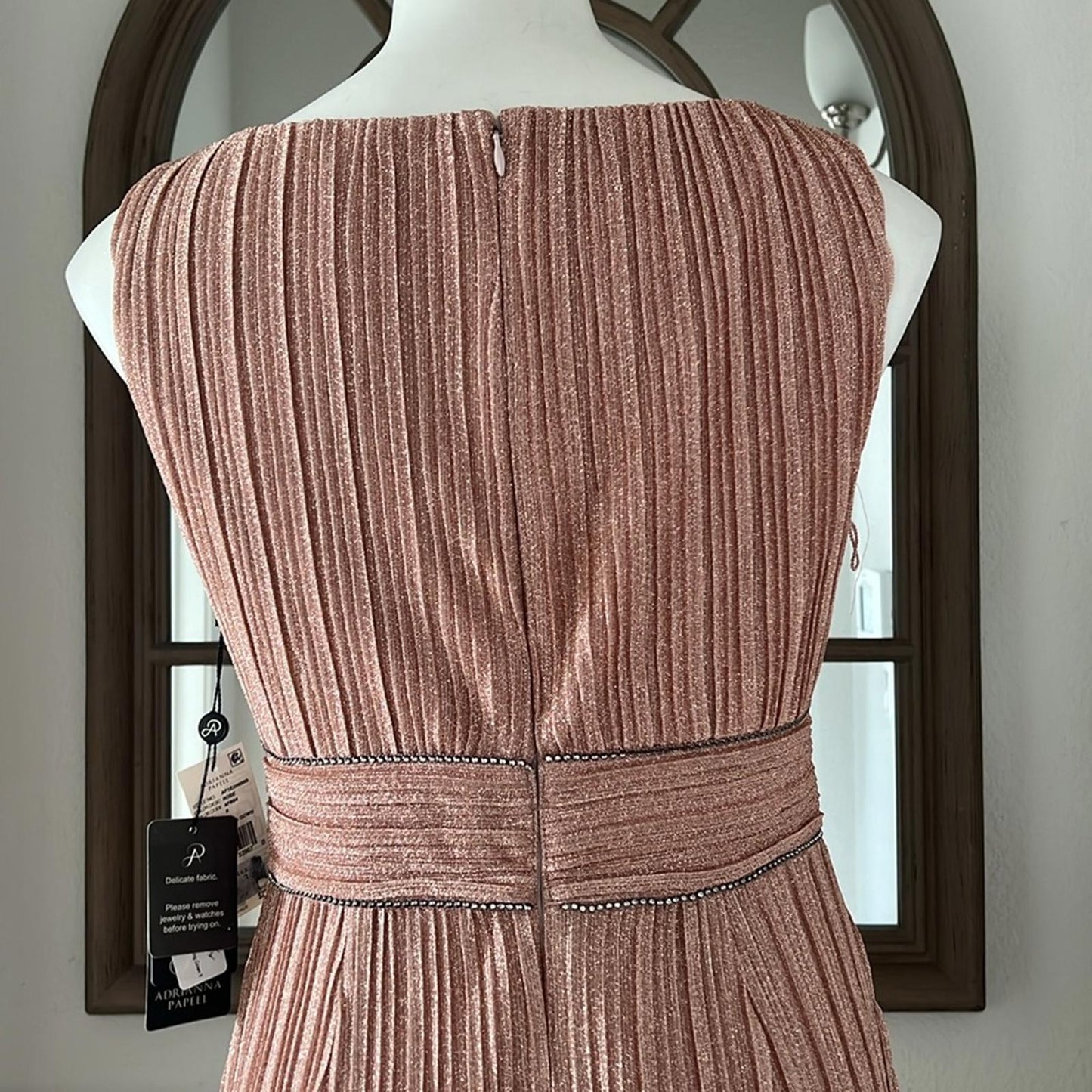 Adrianna Papell Metallic Pleated Long Gown in Rose, Size 8 NEW w/Tag $229
