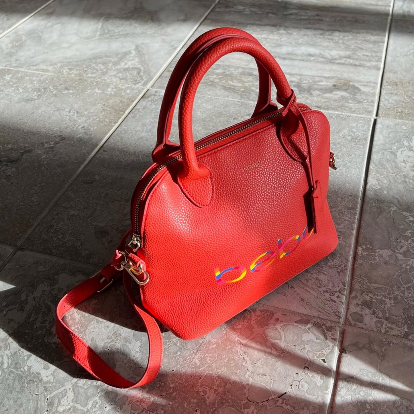 bebe Fabiola Dome Logo Satchel Crossbody Handbag, Ruby Red Orange Excellent