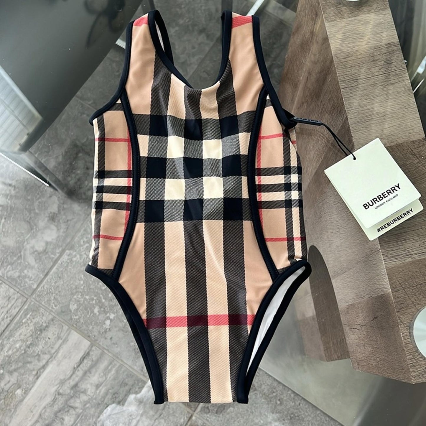 BURBERRY Kids Mini Nigella One Piece Swimsuit, Archive Beige Check Size 12M NWT