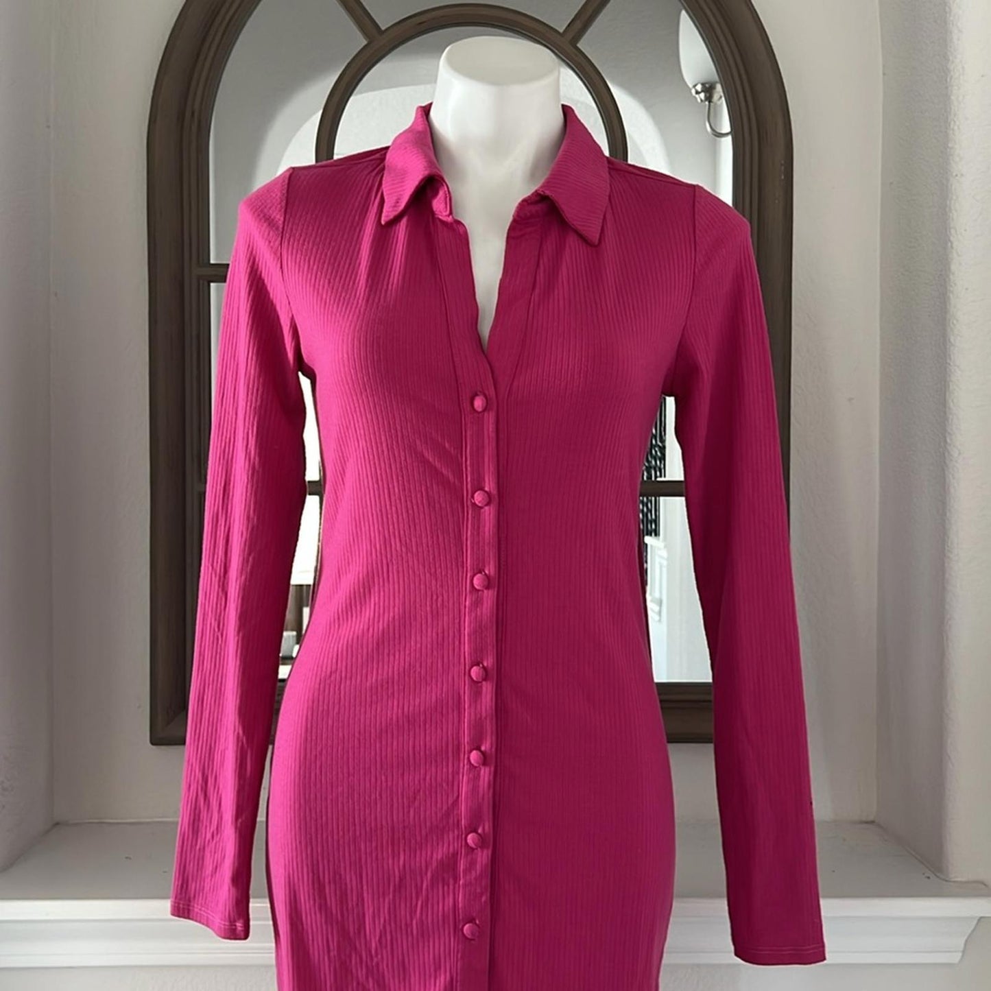 AFRM Ribbed Knit Collared Long Sleeve Button Front Shirt-Dress Berry, Size M NWT