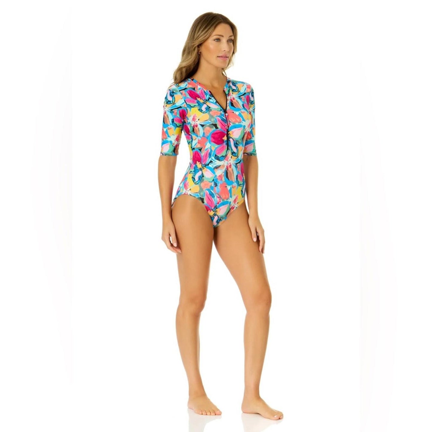 Anne Cole Amalfi Floral Half Zip Front Rash Guard One Piece Swimsuit Size 16 NWT