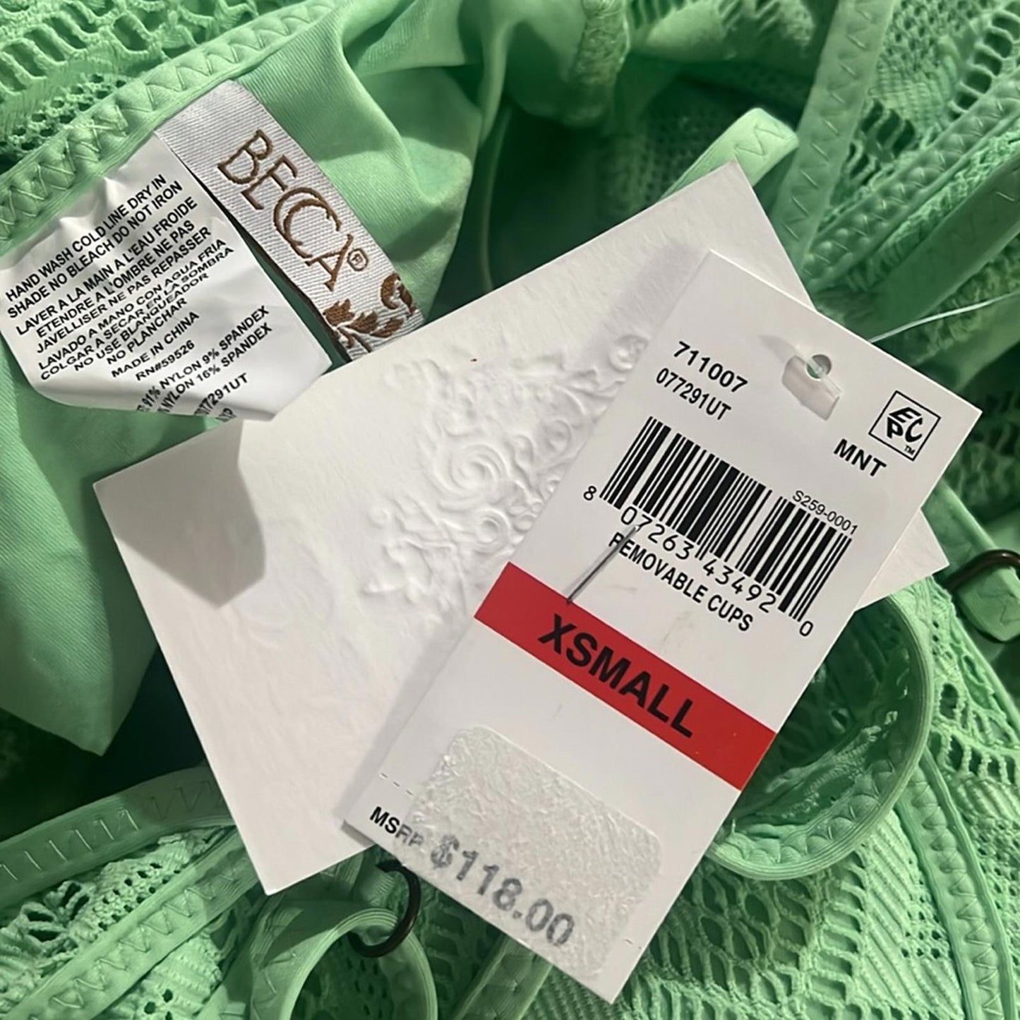 Becca Wanderlust Crochet Plunge One Piece Swimsuit in Mint Size XS NEW w/Tag