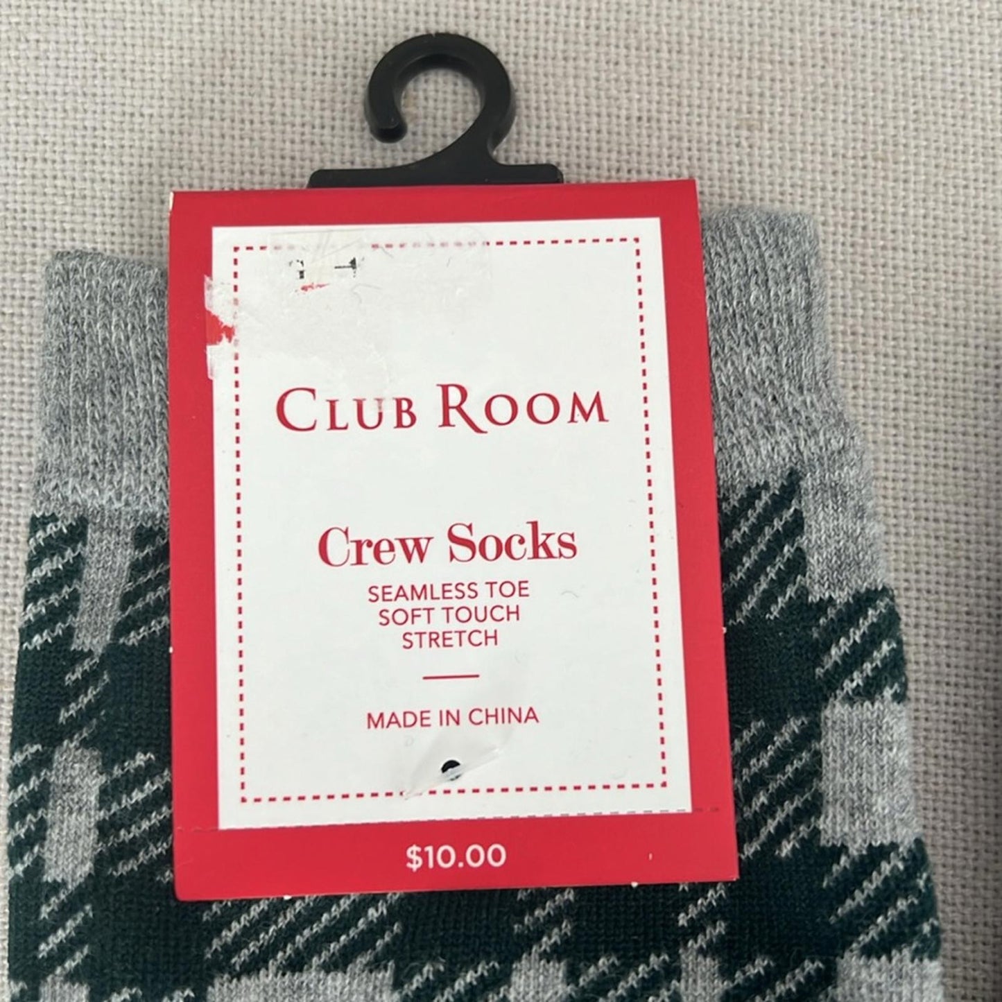 X2 Club Room Grey/Green Plaid Crew Socks, Soft Touch Stretch One Size New w/Tag