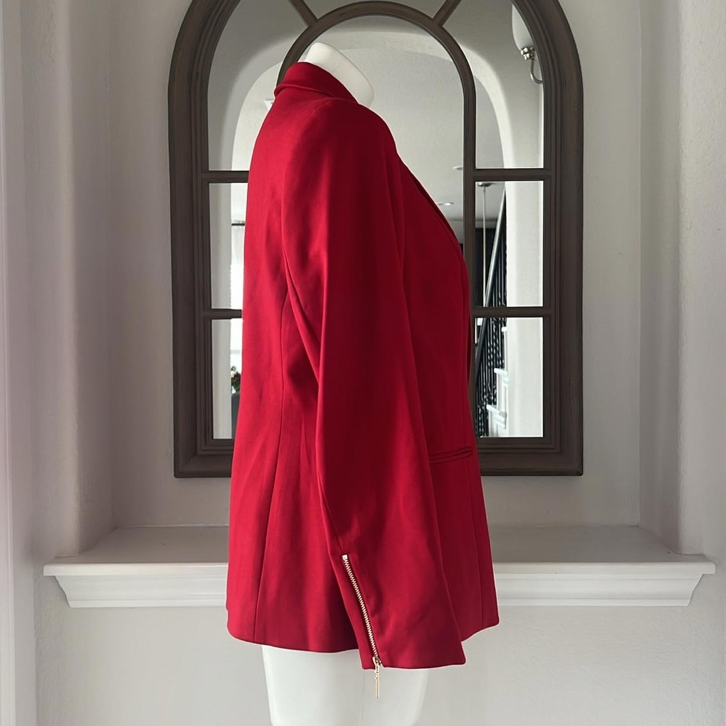 Kasper Zip Cuff Notched Collar One-Button Blazer in Red Petite Size 10, New $129