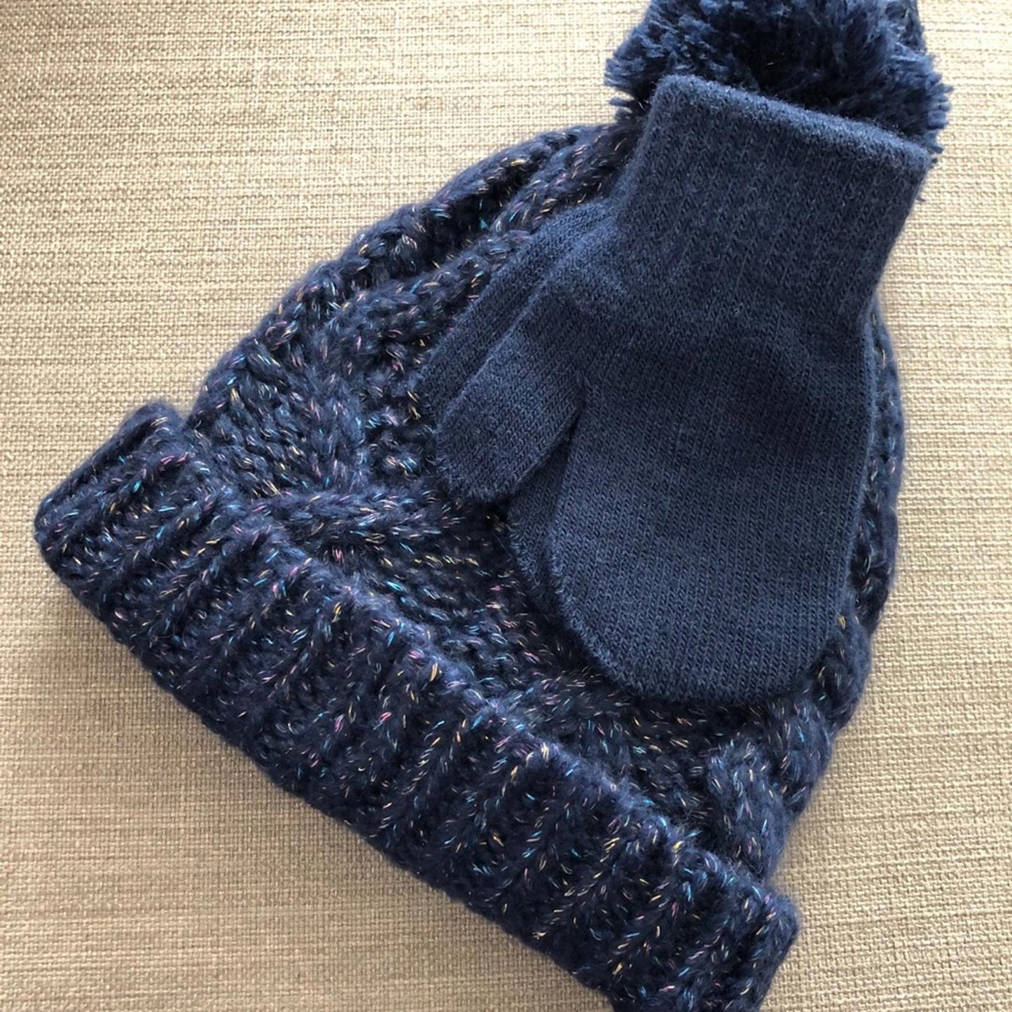 Carter’s 2-Pc Set Cable Knit Hat & Mitten, Metallic Navy Blue, Size 12-24 NEW