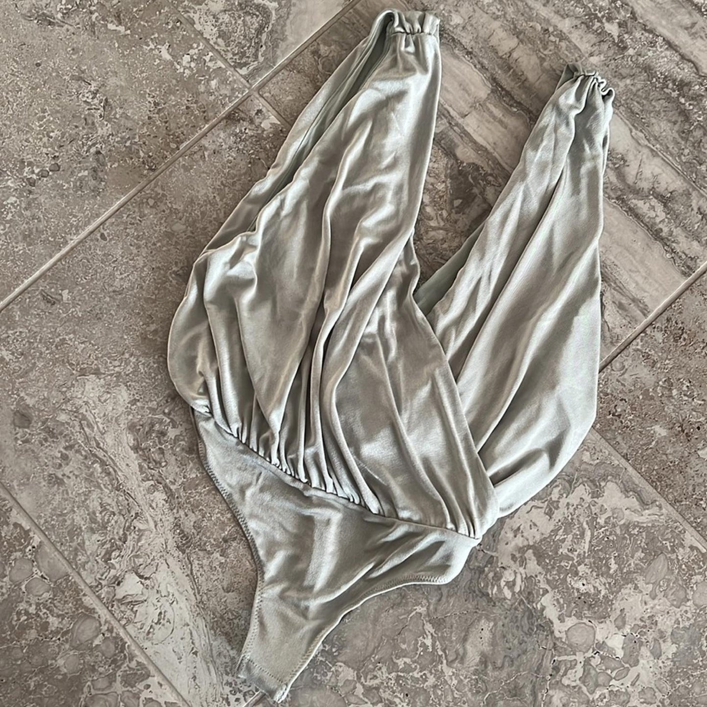 Free People Sateen Oxide Thong Bodysuit, Silver Grey Size L New w/Tag