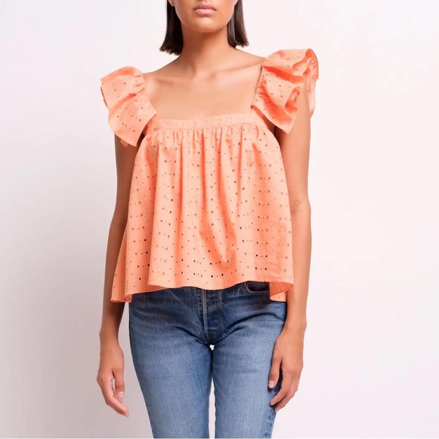 Katharine Kidd Double Ruffle Square Neck Sleeves Top, Peach Size M New w/Tag
