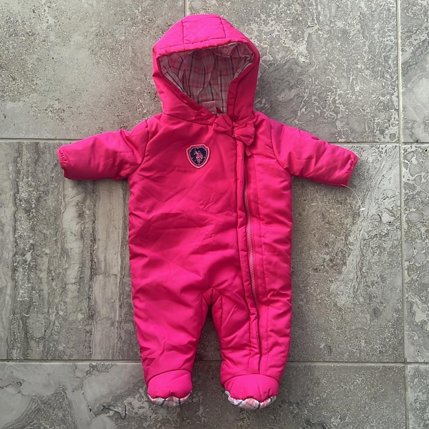 NEW U.S. Polo Assn Hooded Outerwear Pink Puffer Footies, Pink, Size 3/6M w/o Tag