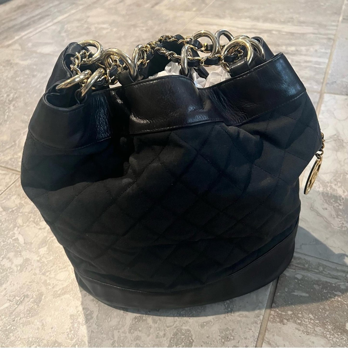 CHANEL Black Canvas CC Chain Bucket Bag (Made in Italy) *RARE Piece!