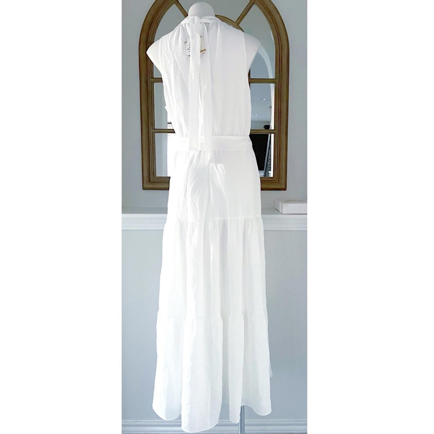 Anne Klein Tie-Neck Tiered Sleeveless Maxi Dress, Size 12 Bright White New w/Tag