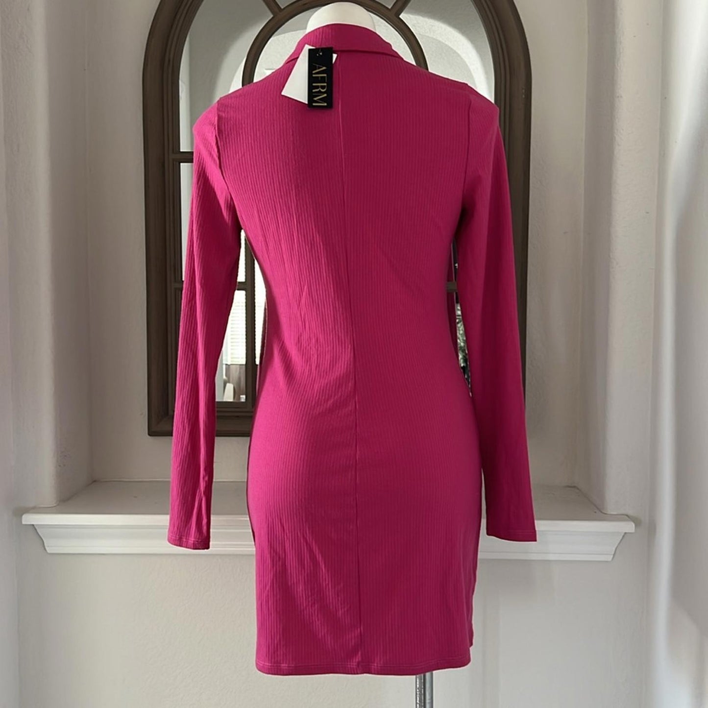 AFRM Ribbed Knit Collared Long Sleeve Button Front Shirt-Dress Berry, Size M NWT