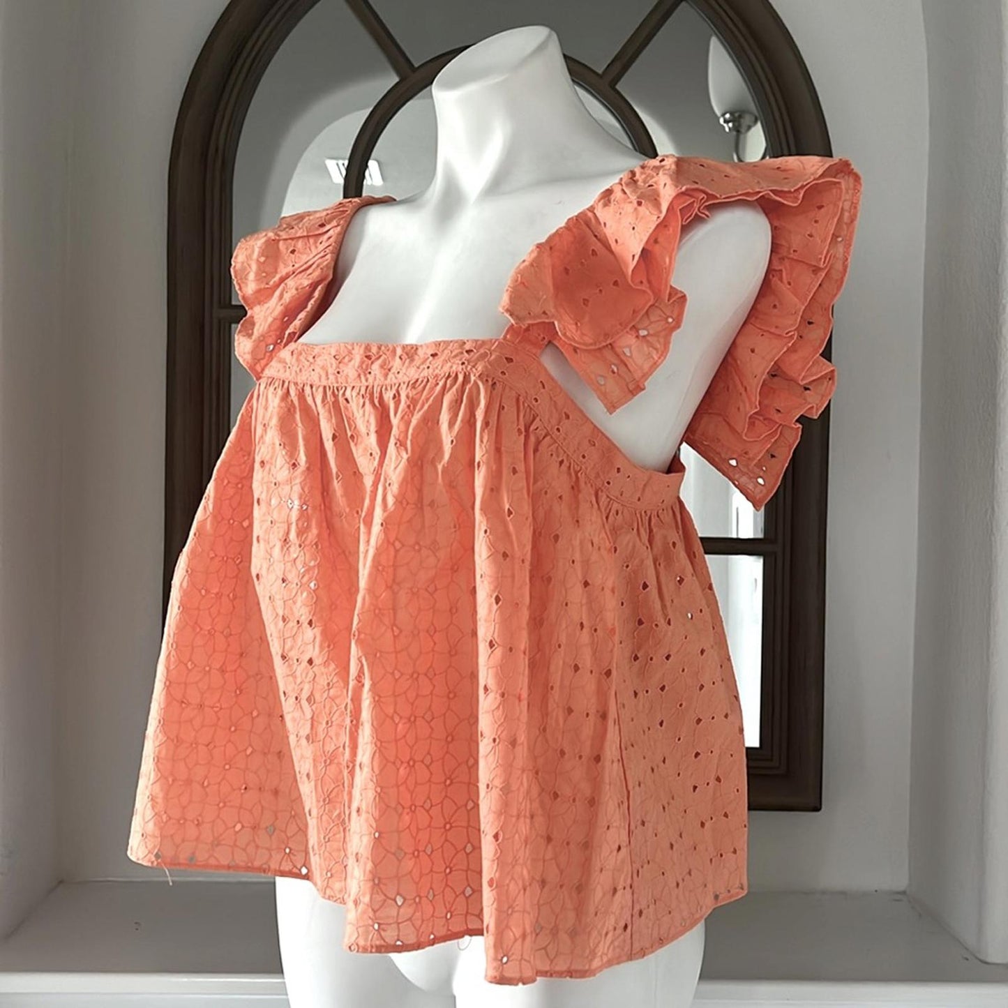 Katharine Kidd Double Ruffle Square Neck Sleeves Top, Peach Size M New w/Tag