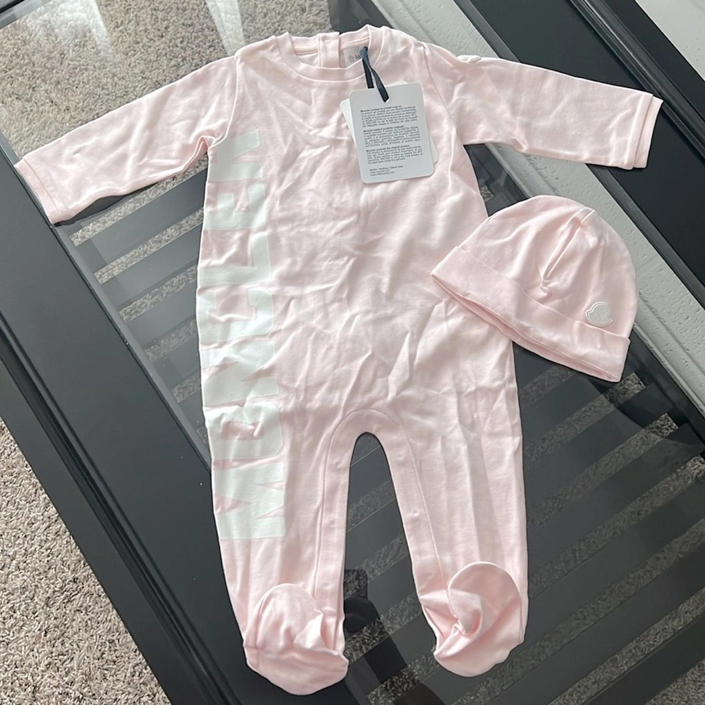 Moncler Enfant Logo Babygrow Set 2-Piece Footie & Hat Size 6/9M New w/Tag