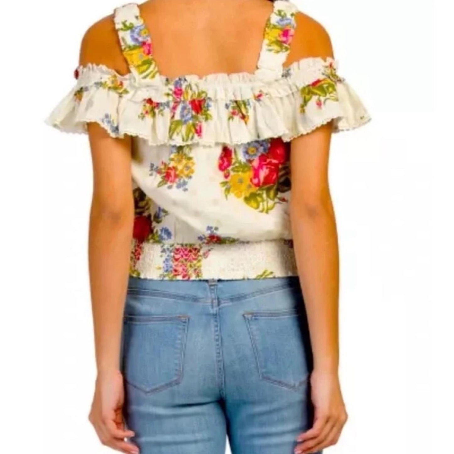 House of Harlow 1960 Helena Crop Top, Ivory Smocked, Ruffled Size M EXCELLENT!