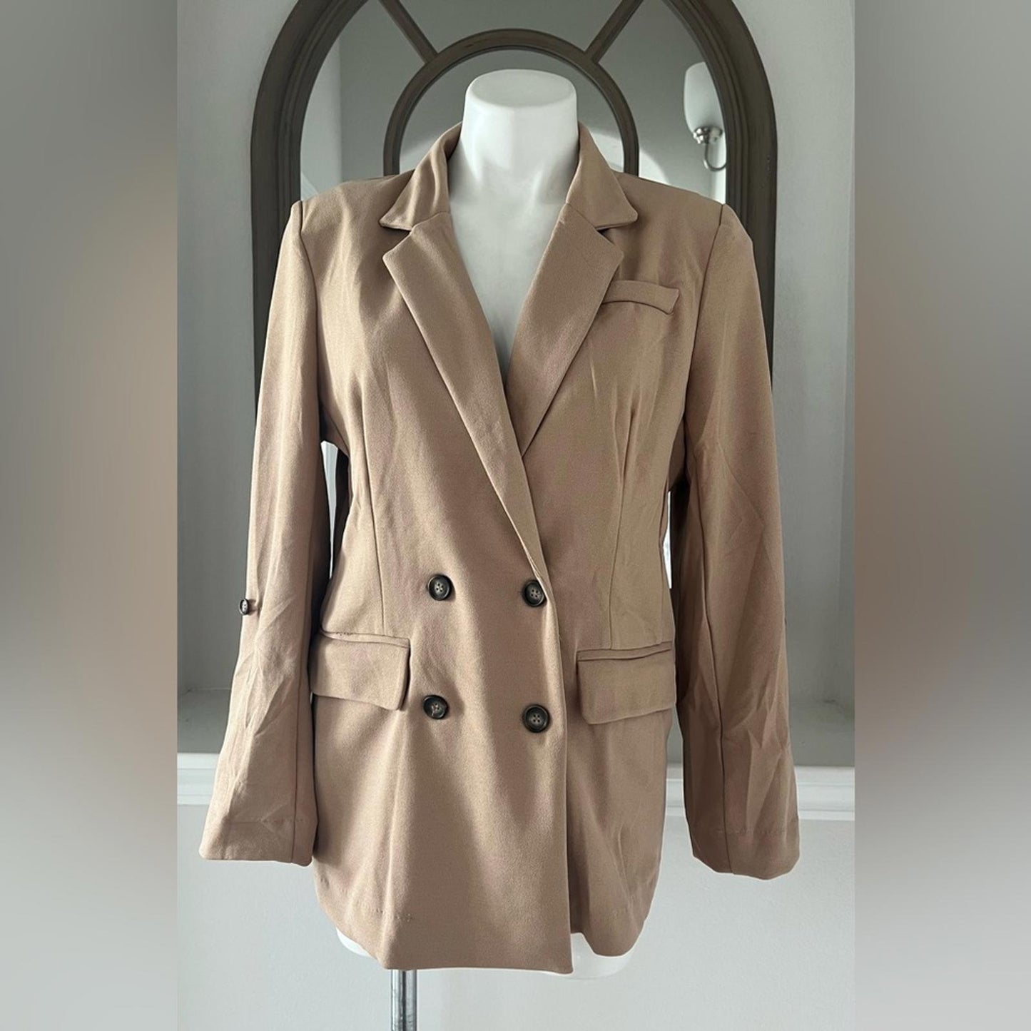 NY Collection Long Sleeve Double Breasted Crepe Jacket, Stucco Size M New w/Tag