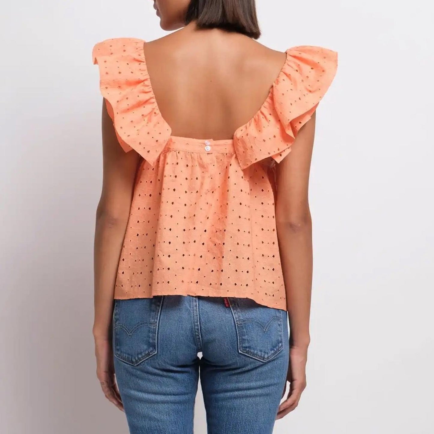 Katharine Kidd Double Ruffle Square Neck Sleeves Top, Peach Size M New w/Tag