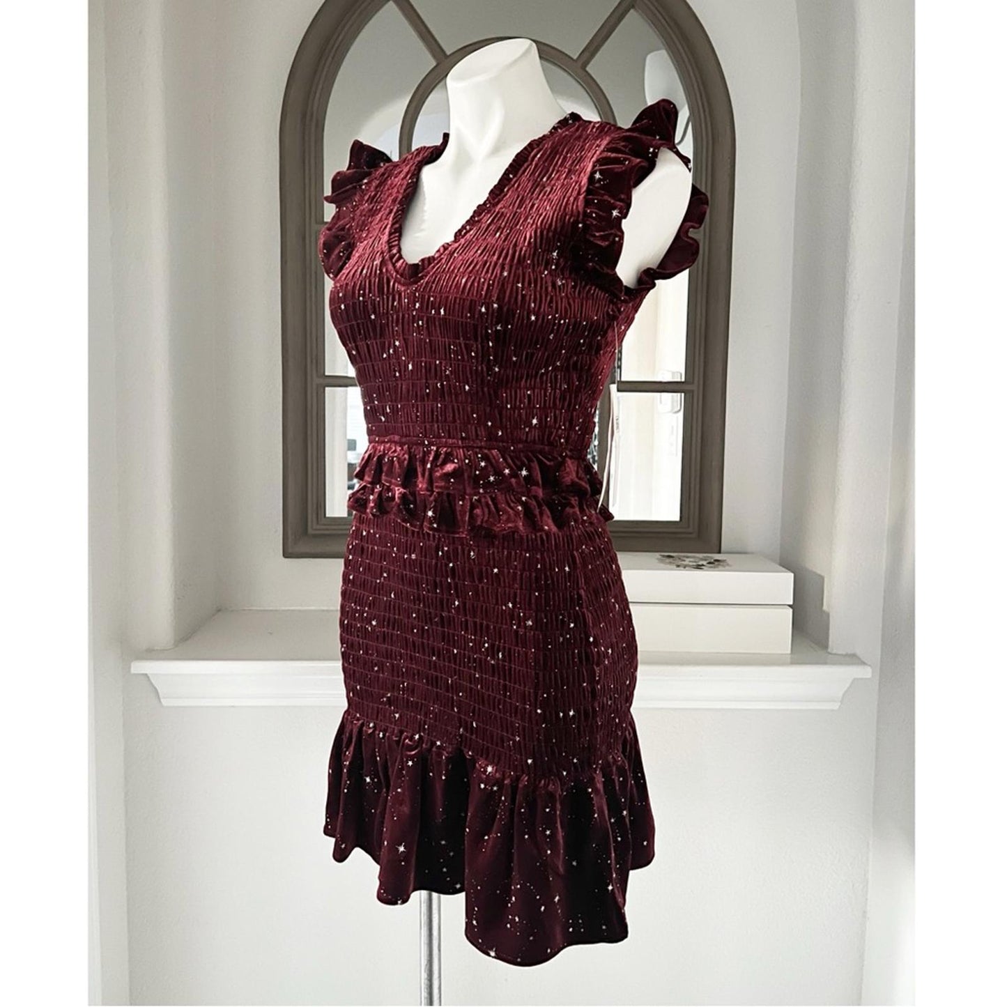 Aqua Velvet Smocked Mini Dress in Burgundy w/Star Print, Size S New w/Tag $88