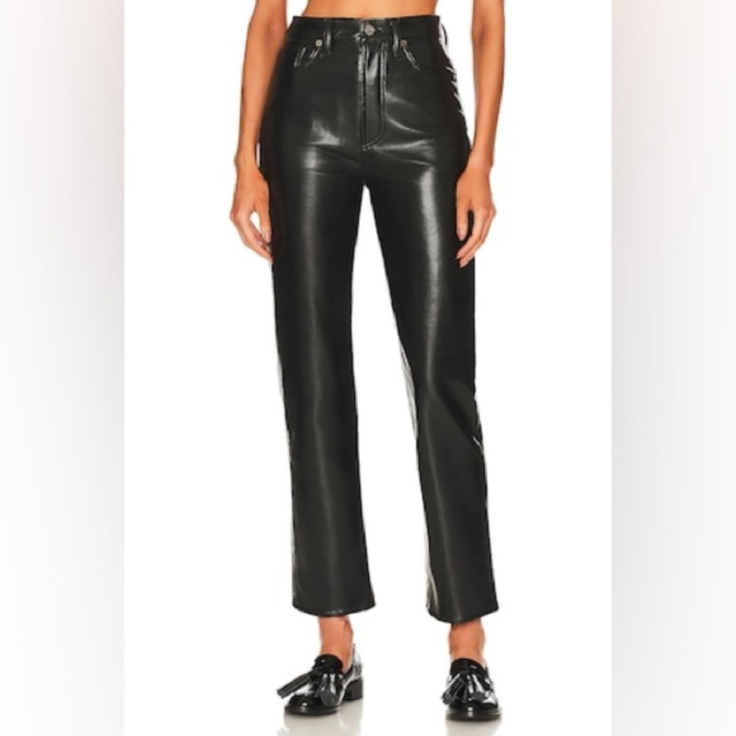 AGOLDE Recycled Leather Fitted 90's Pinch Waist Pants in Black, New w/Tag $348