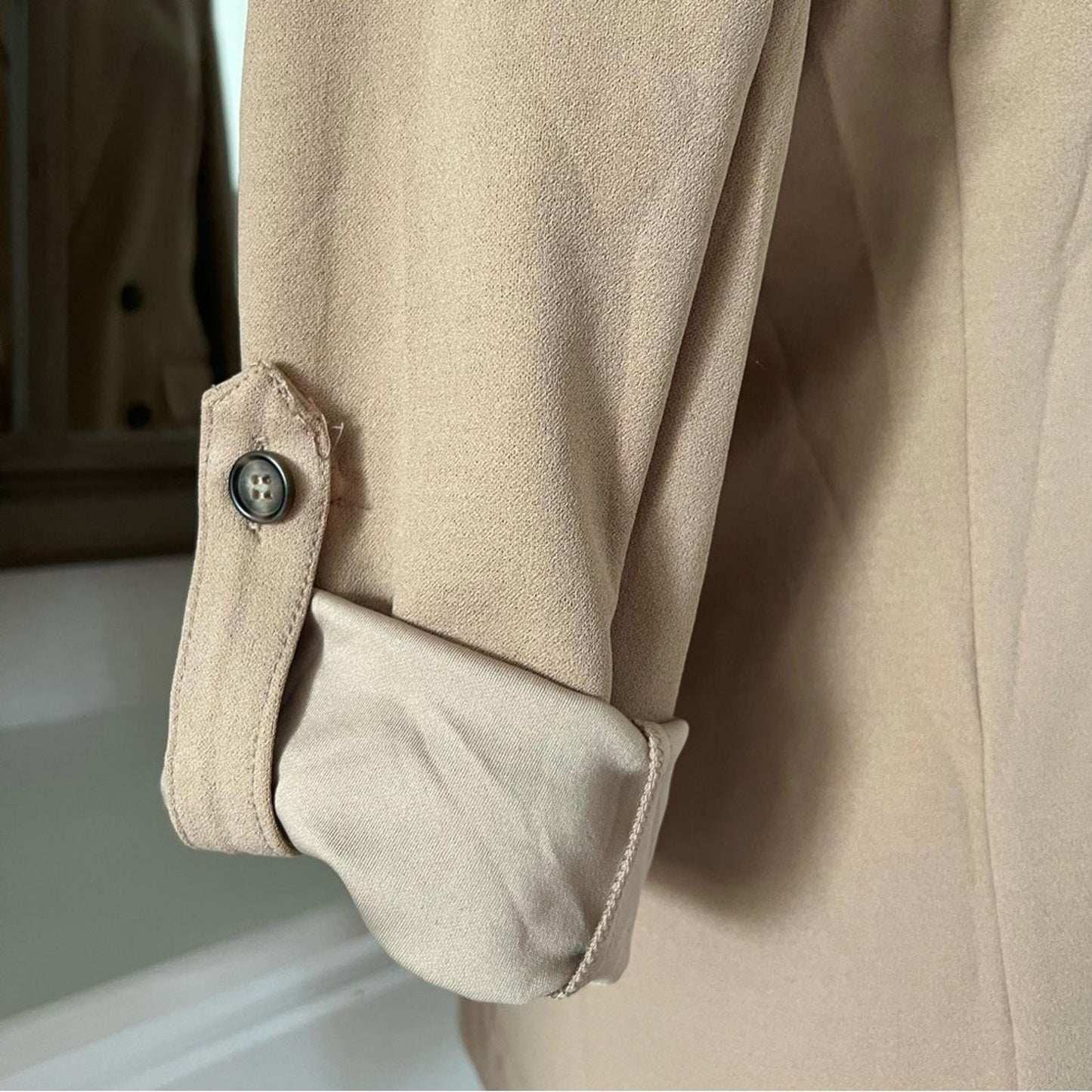 NY Collection Long Sleeve Double Breasted Crepe Jacket, Stucco Size M New w/Tag