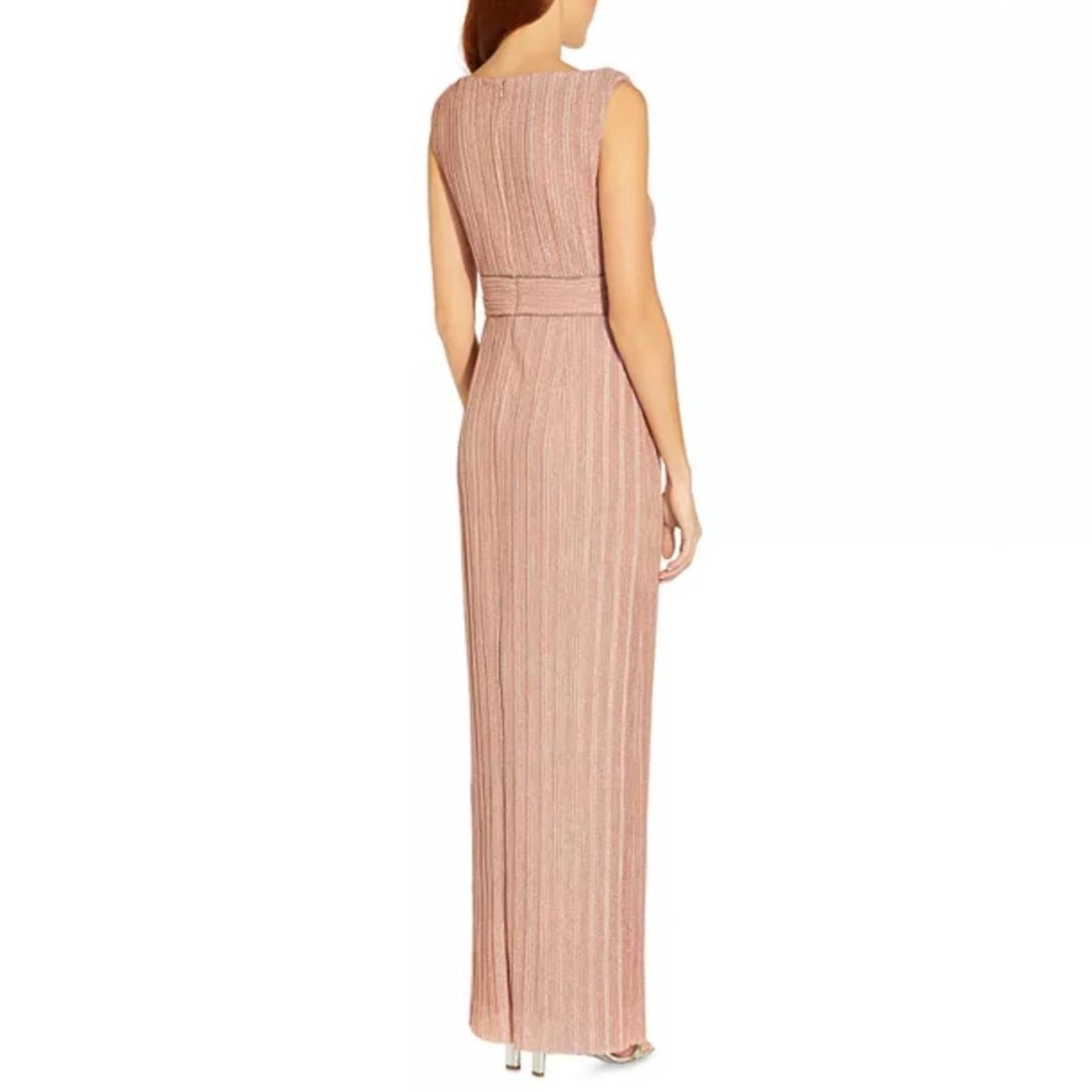 Adrianna Papell Metallic Pleated Long Gown in Rose, Size 8 NEW w/Tag $229