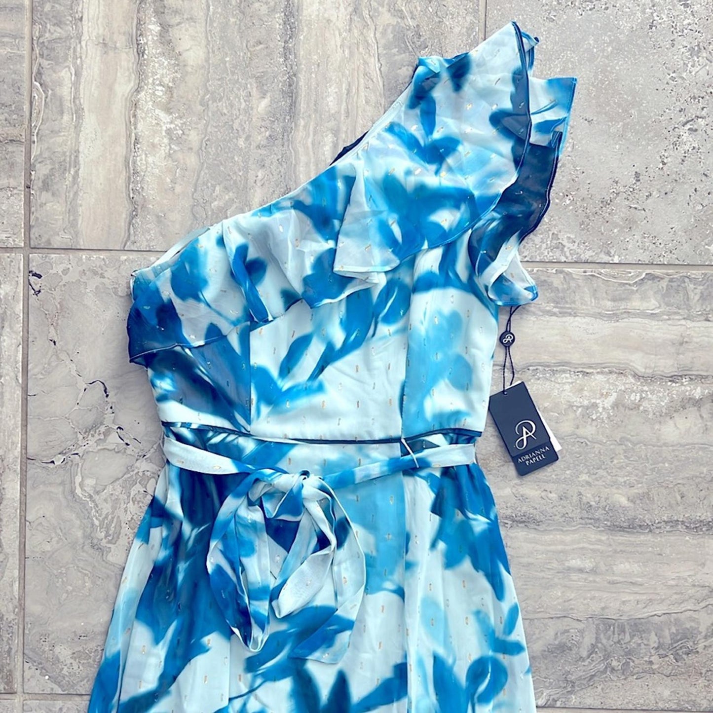 Adrianna Papell One Shoulder Floral Belted Maxi Evening Dress, Size 2 NWT $229