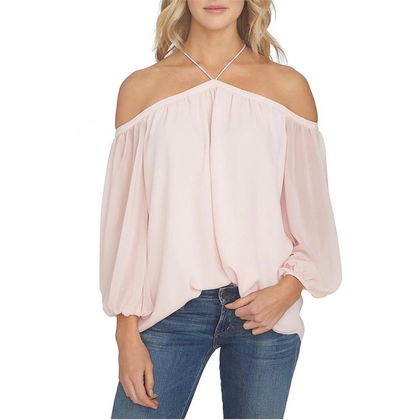 1.State Lavender Off-the-Shoulder Halter Neck Blouse, New, Size XXS