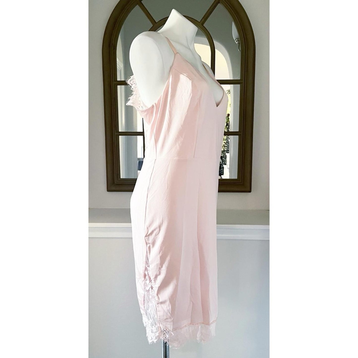 Bebe Lace Inset Sleeveless Eyelash Hem Bodycon Dress in Blush Pink, Size XL NWT