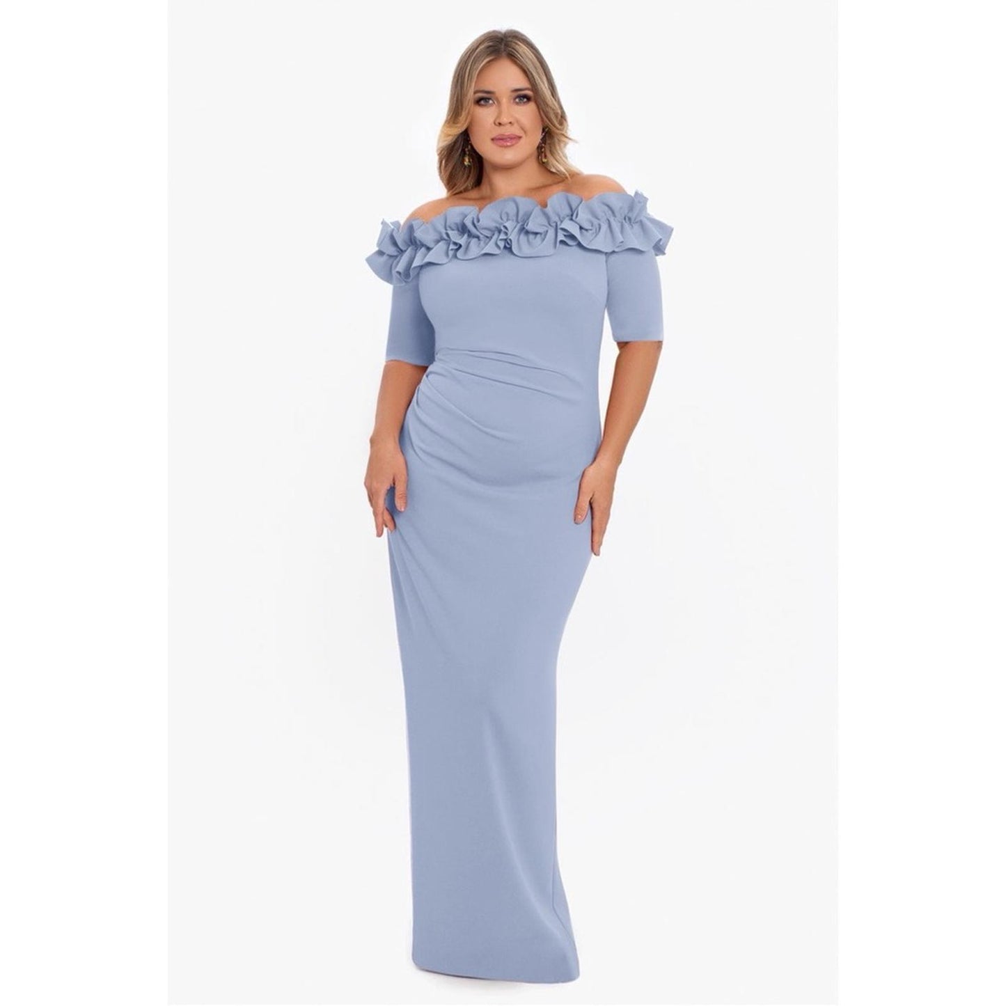 XSCAPE "Isla" Long Crêpe Off-the-Shoulder Ruffle Dress, 16W NEW $249 (Sold Out)