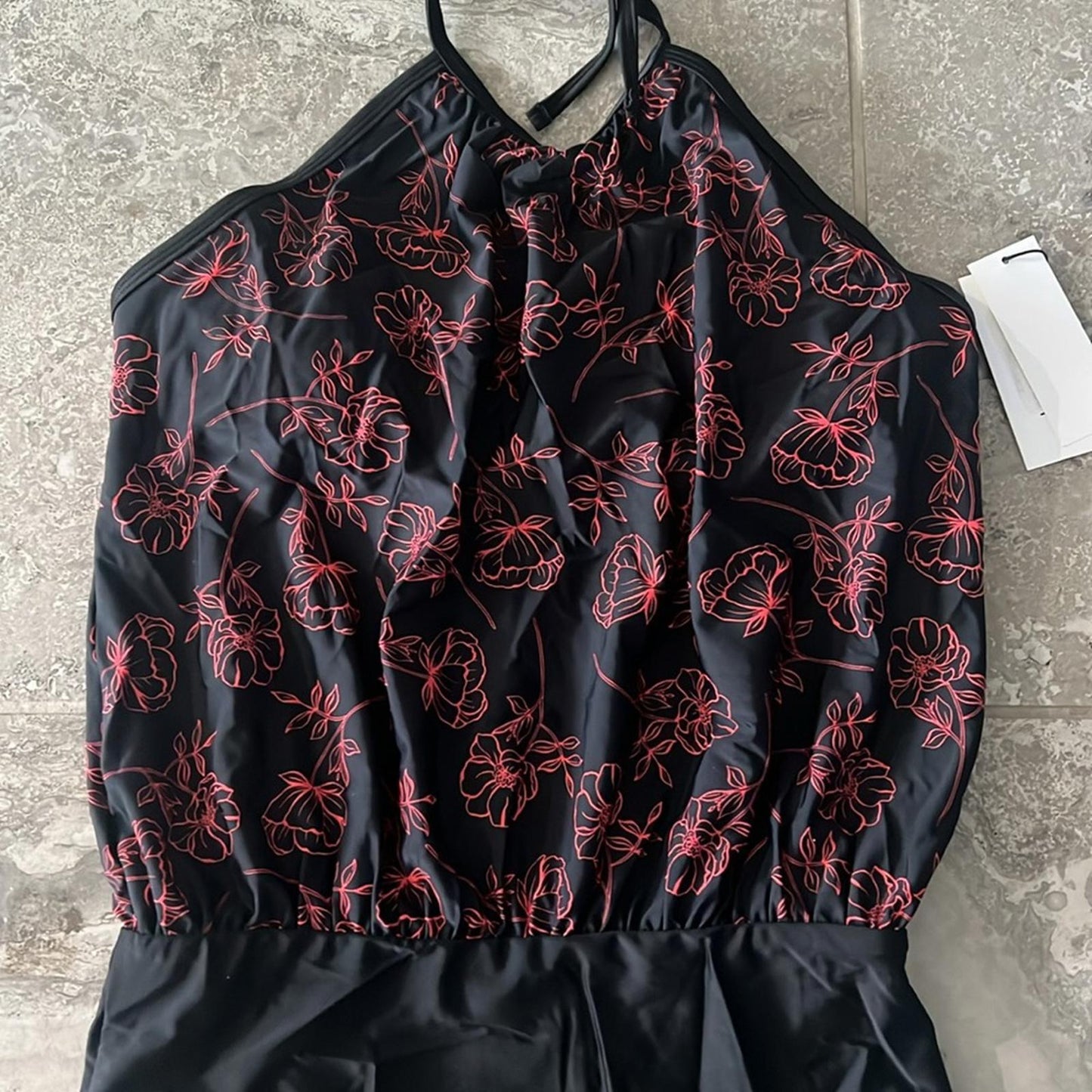 Calvin Klein High Neck Halter Blouson in Black/Red, Size 8 NEW w/Tag $118