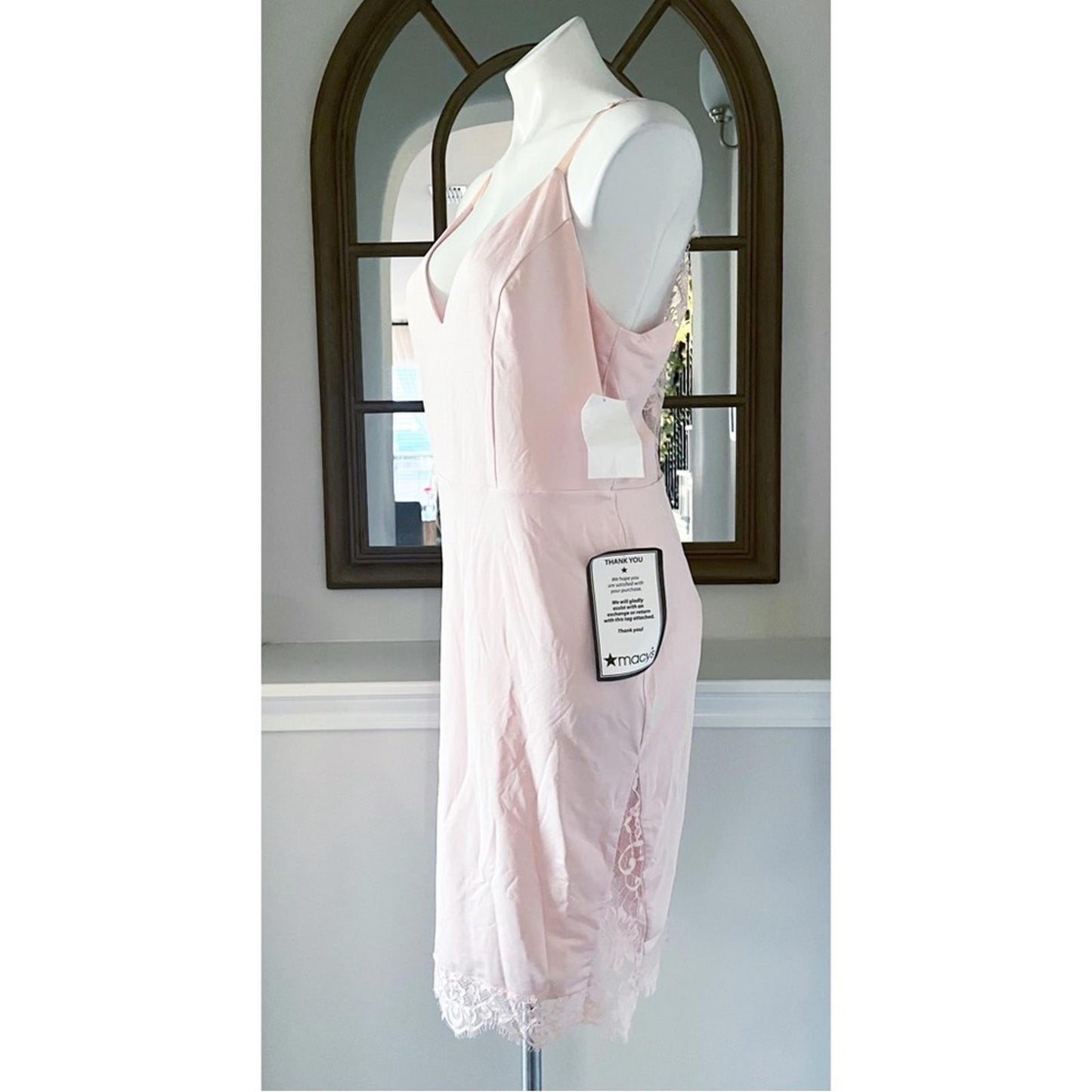 Bebe Lace Inset Sleeveless Eyelash Hem Bodycon Dress in Blush Pink, Size XL NWT