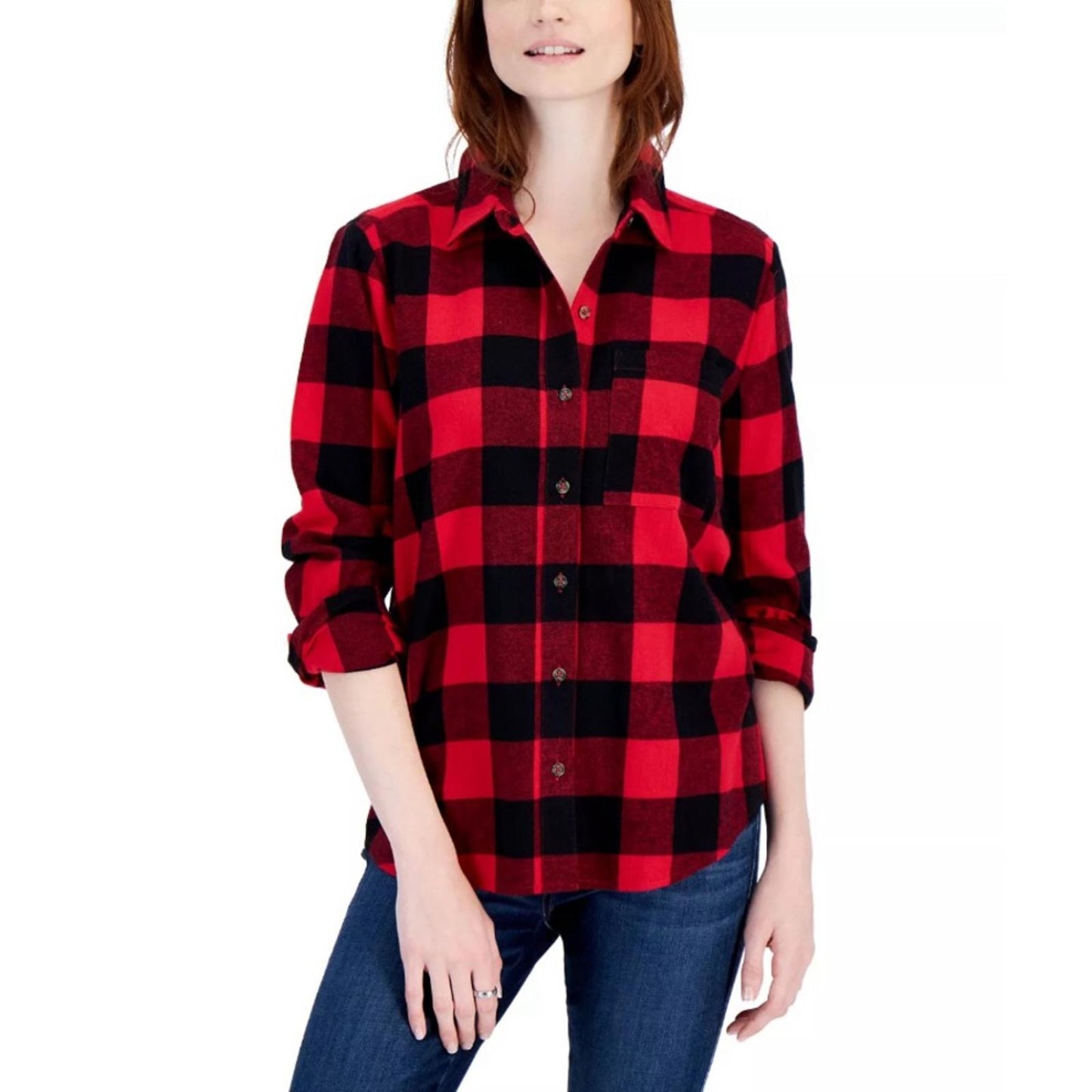 Style & Co Cotton Buffalo Plaid Flannel Shirt, Black & Red New w/Tag $49.50