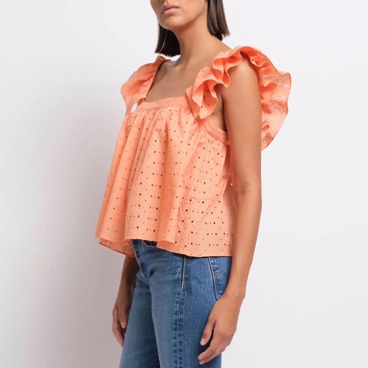 Katharine Kidd Double Ruffle Square Neck Sleeves Top, Peach Size M New w/Tag