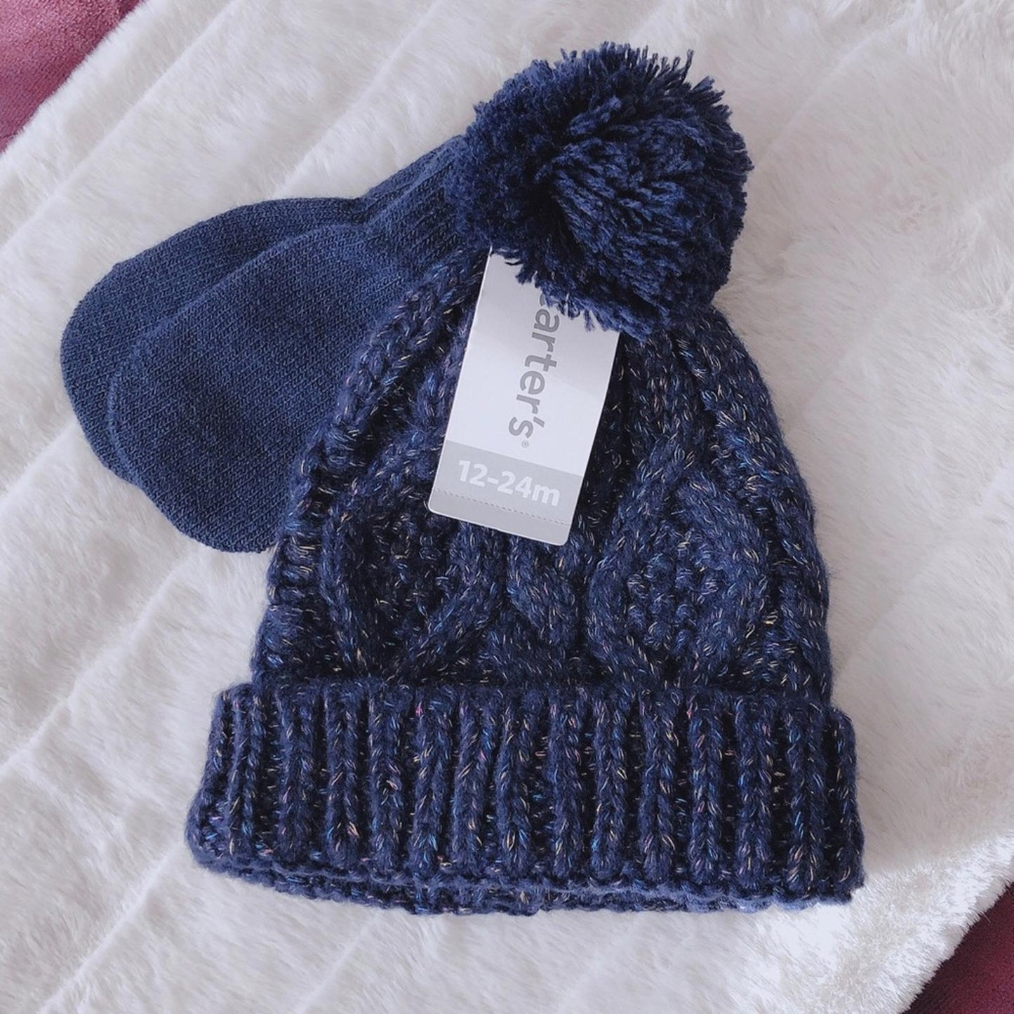 Carter’s 2-Pc Set Cable Knit Hat & Mitten, Metallic Navy Blue, Size 12-24 NEW