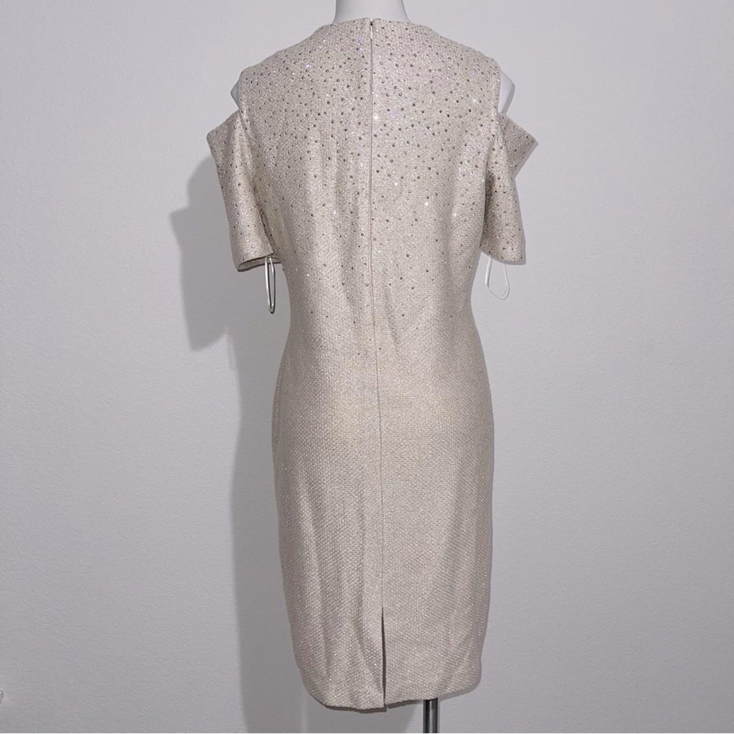 St.John Studded Cold-Shoulder Tweed Sheath Dress in Gold Multi Size 12 NWT $1795
