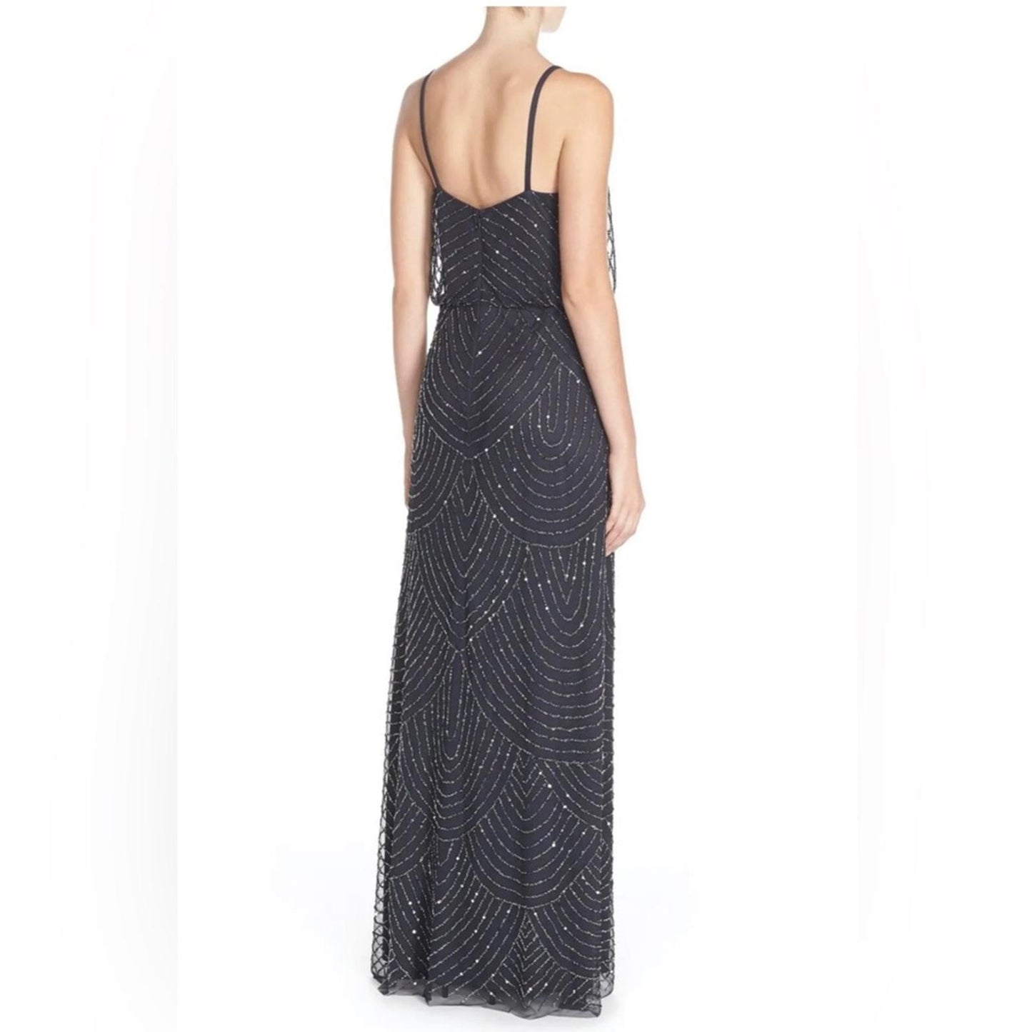 Adrianna Papell Art Deco Beaded Blouson Gown, Navy w/Silver Sequins Size 4
