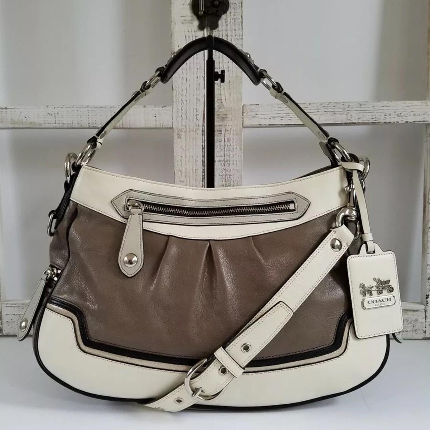COACH Limited Edition Madison Spectator Cream/Taupe Hobo in Grey/White Bag