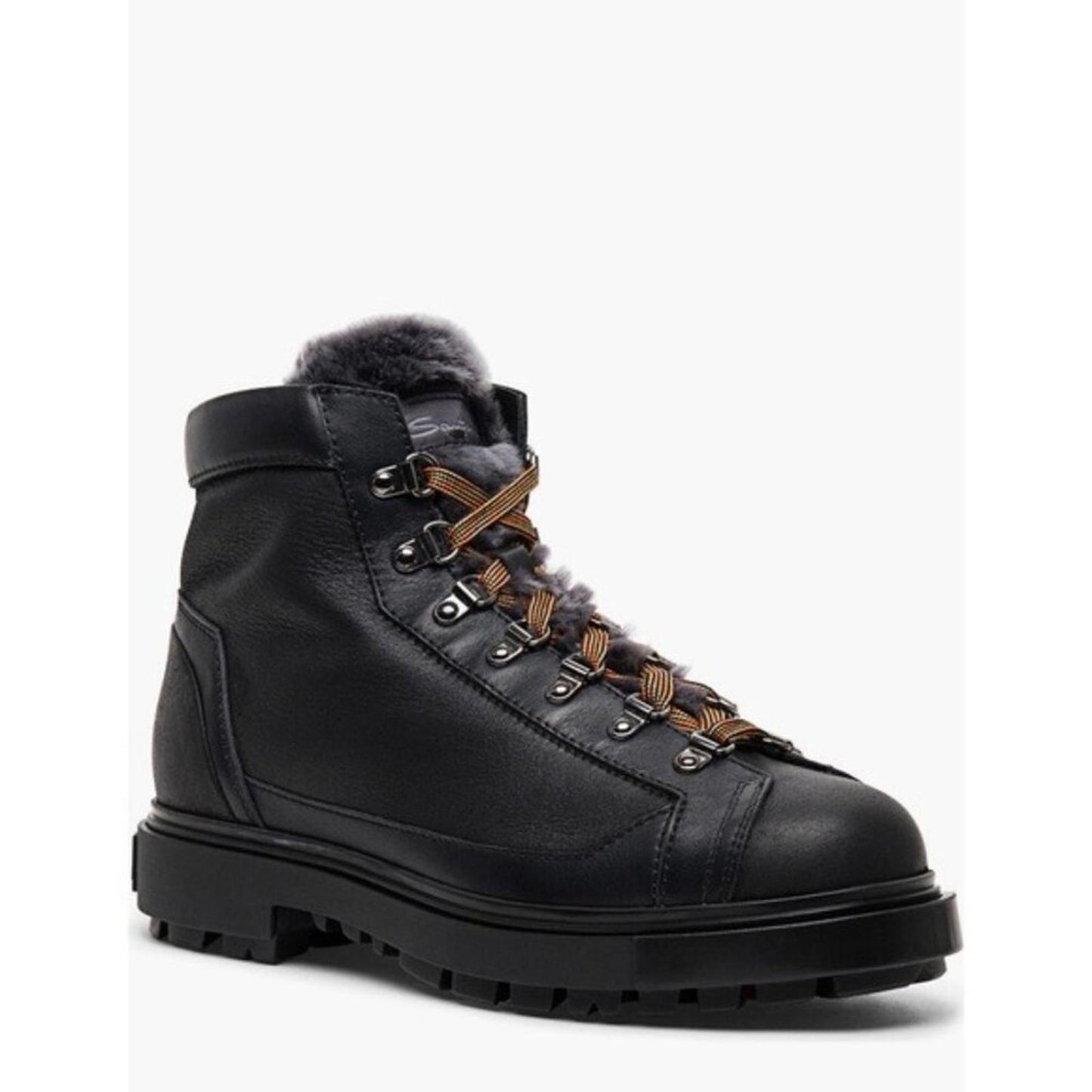 Santoni Farah Leather Genuine Shearling Lined Black Boots, Size 10.5 NEW in Box